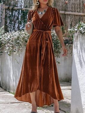 Simplee Apparel Copper Brown Velvet Wrap Maxi Dress